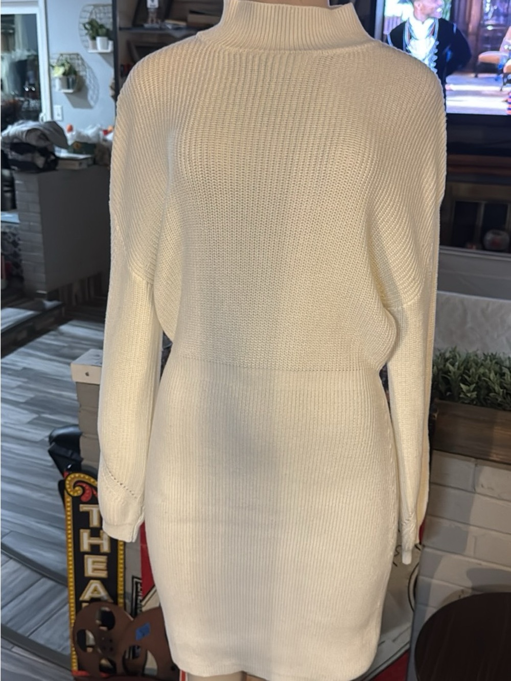 Women's Cream Ribbed Knit Turtleneck Sweater Dress#250